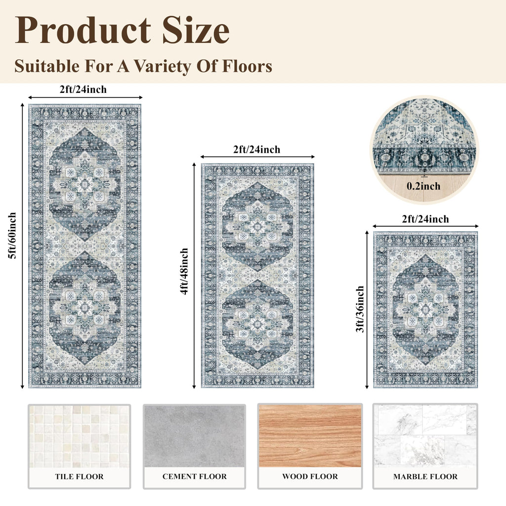 Kitchen Mats for Floor 3 Piece Set: Non-Slip Washable Boho Area Rugs and Runner for Sink, Entryway, Bathroom Soft Low