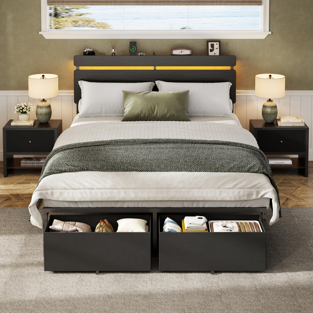 Full Size Bed Frame with Wood Headboard, 2 Storage Drawers & Shelf