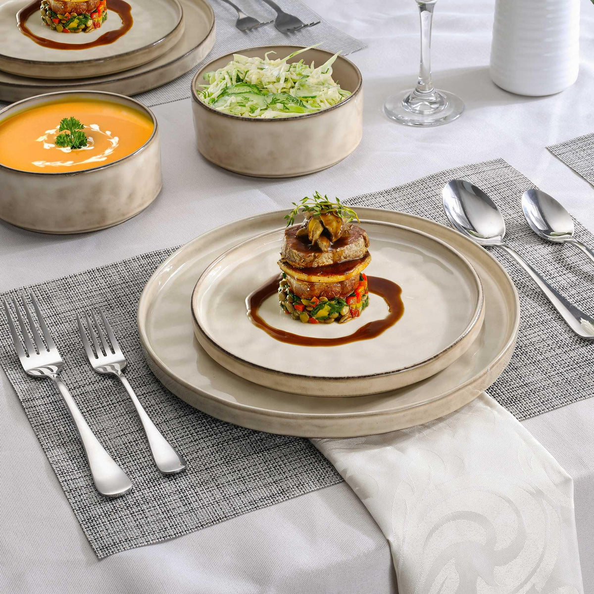 6 Pieces Stoneware Dinnerware Set, Dishes Set for 2, Sandy Beige