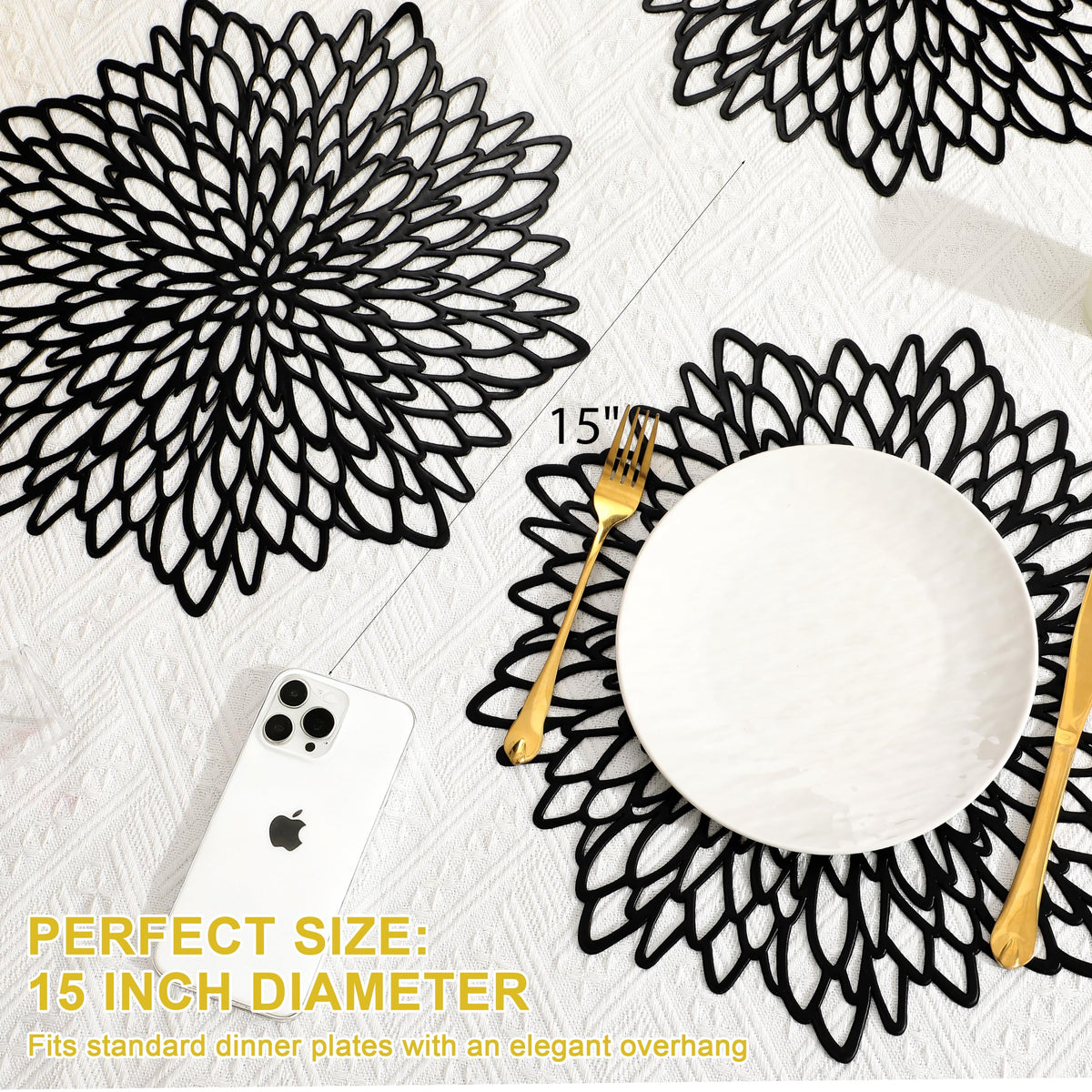 Set of 6 Round Placemats Black, Heat-Resistant PVC Table Mats with Luxury Metallic Glossy Finish for Thanksgiving