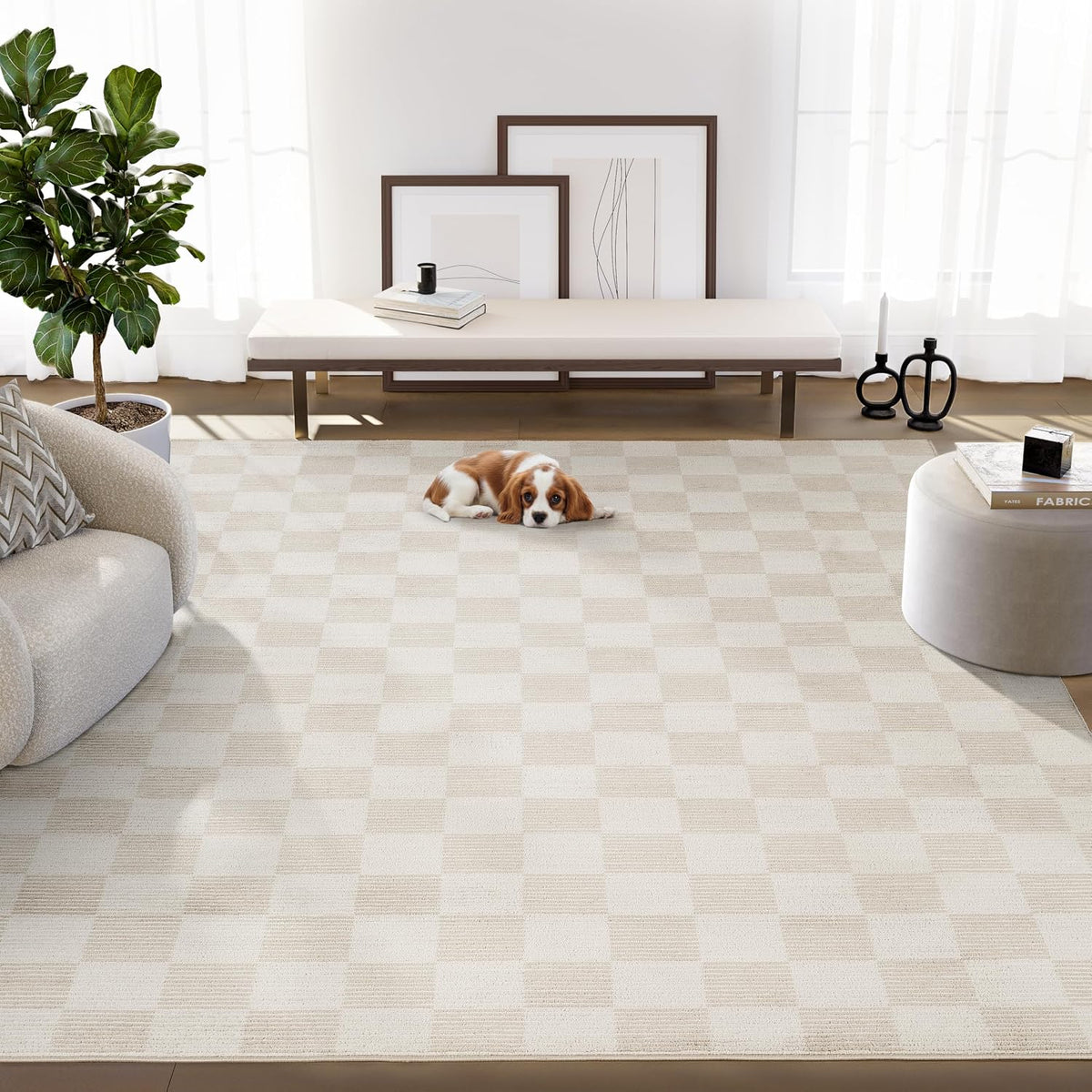 Plush Deco Collection Cream Area Rug - Checkered Pattern, Machine Washable, Non-Shedding, Easy to Clean
