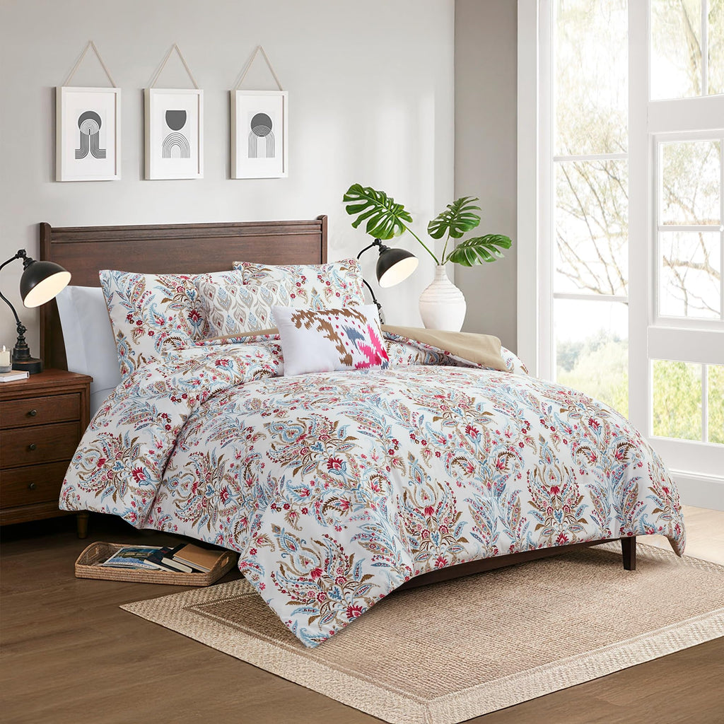 5-Piece Printed Comforter Set Marcel - Blue, Red & Olive Paisley Floral Bedding with Decorative Pillows & Shams, Soft