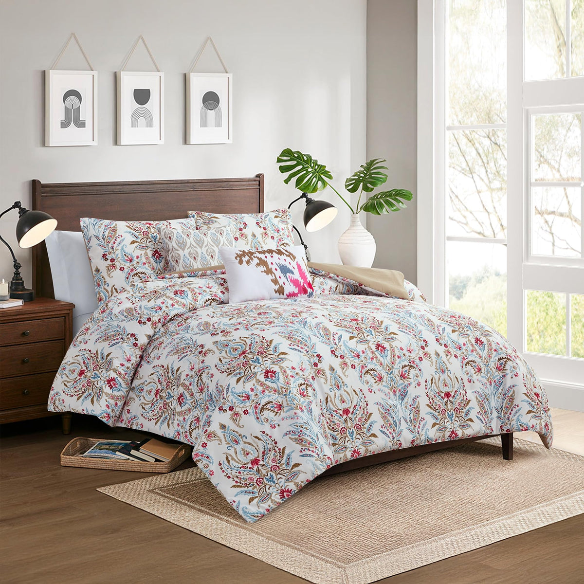 5-Piece Printed Comforter Set Marcel - Blue, Red & Olive Paisley Floral Bedding with Decorative Pillows & Shams, Soft