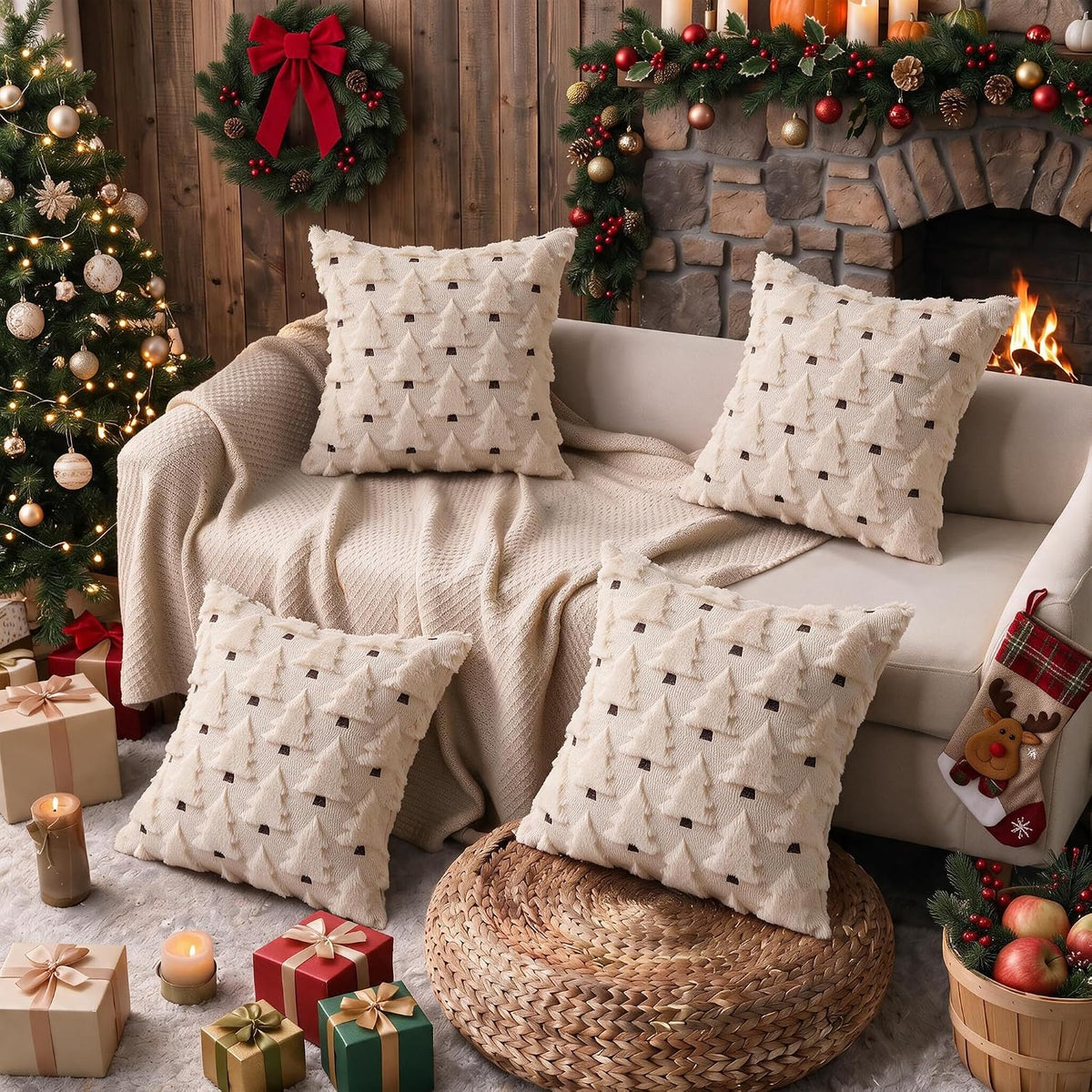 Christmas Throw Pillow Covers 18x18 inch, Beige Xmas Tree Holiday Winter Living Room Soft Fluffy Plush Faux - Set of 4