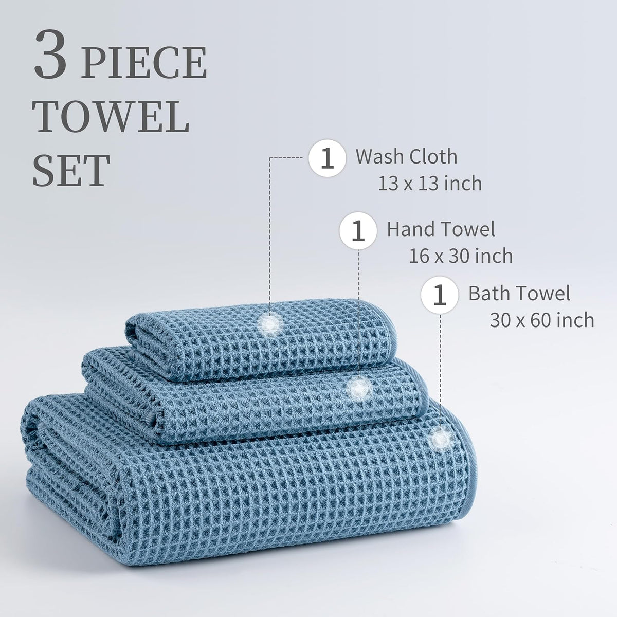 Microfiber Waffle Bath Towels, 3 Pieces, Oversized, Soft, Absorbent, Fast Drying, Lint Free, Includes Bath, Face and