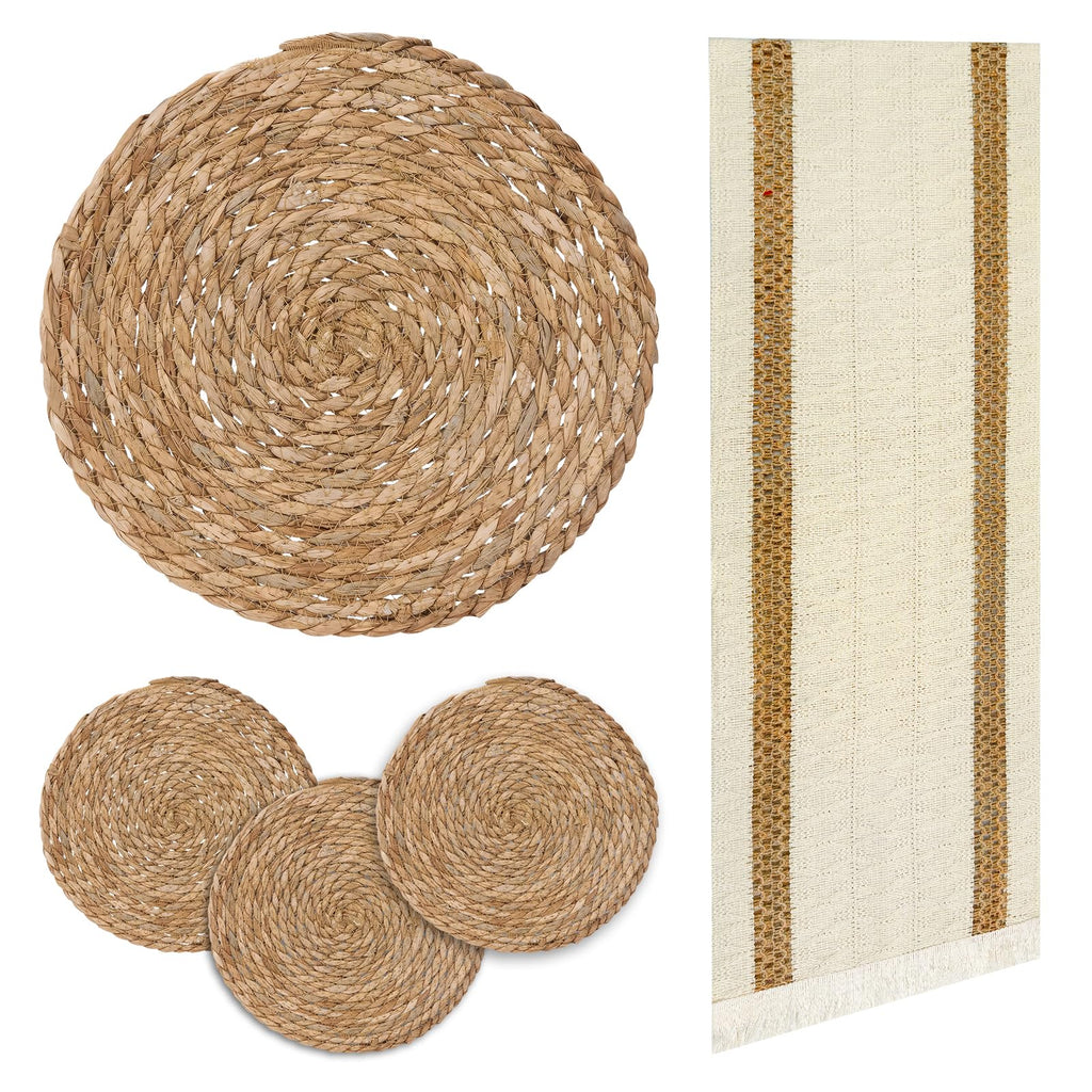 Round Woven Placemats Set of 4, with 72 Inches Long Farmhouse Macrame Table Runner Burlap Cotton Linen Table Runners