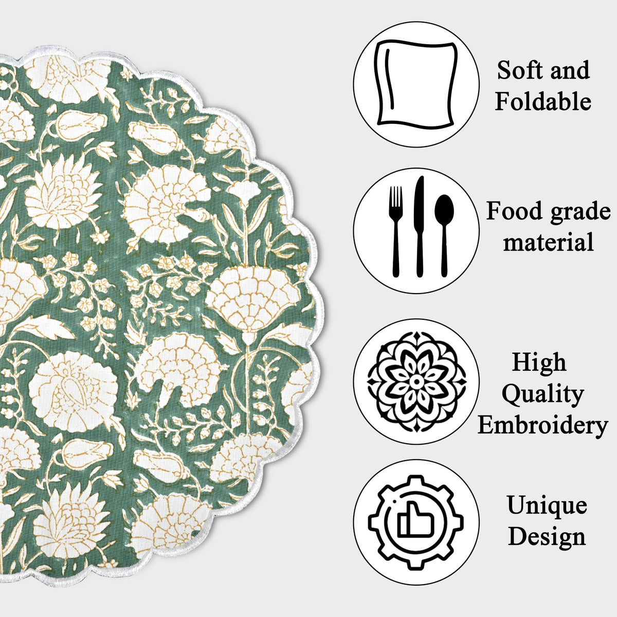 Floral Block Print Round Placemats 15 Inch, Set of 4, Moss Green