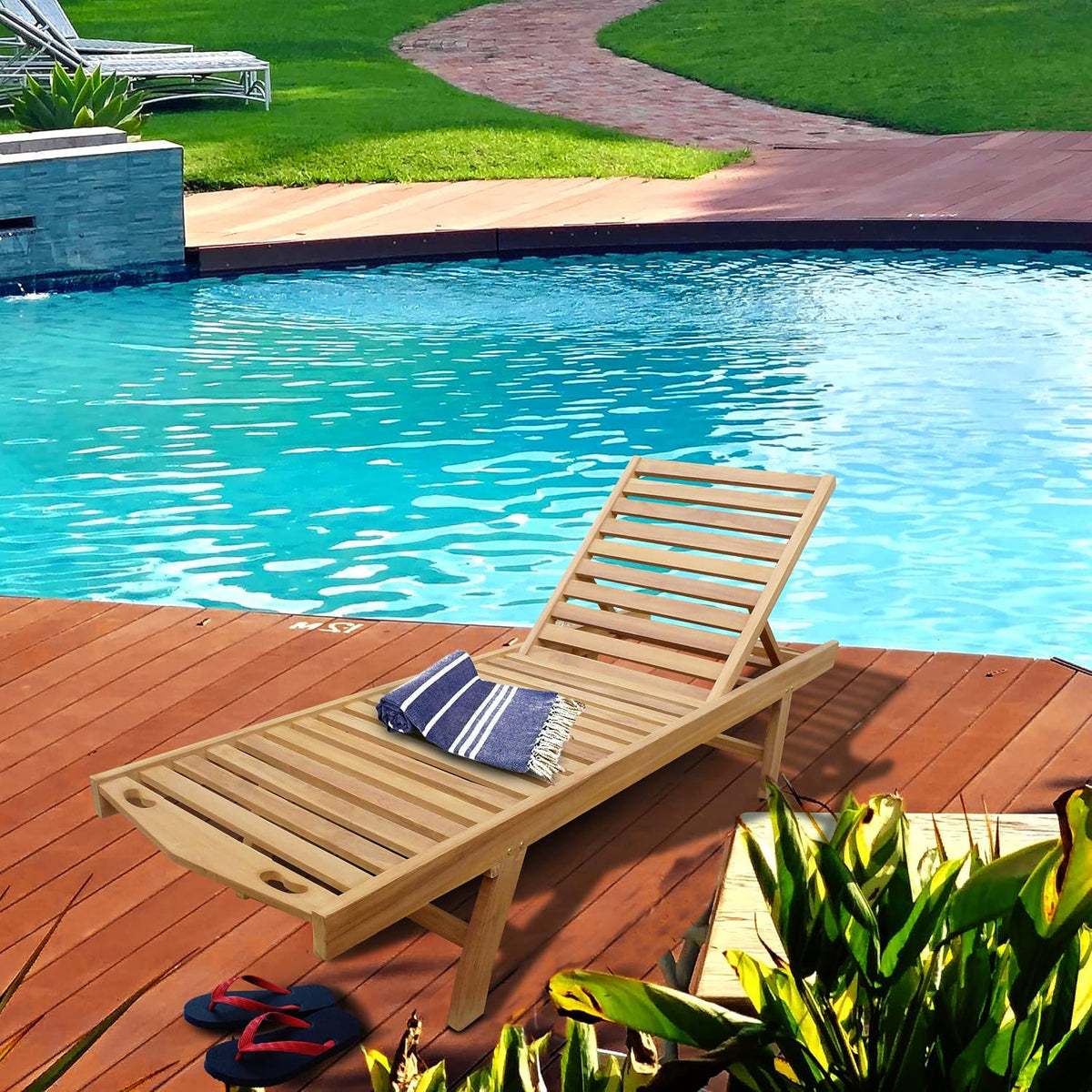 Outdoor Patio Reclining Chaise Pool Lounger Made from Solid Teak Wood