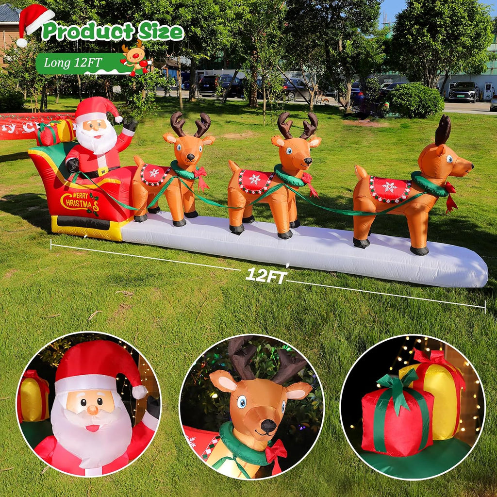12 FT Long Christmas Inflatables Santa Claus with Reindeers Outdoor Decorations, Xmas Blow Up Yard Decorations with