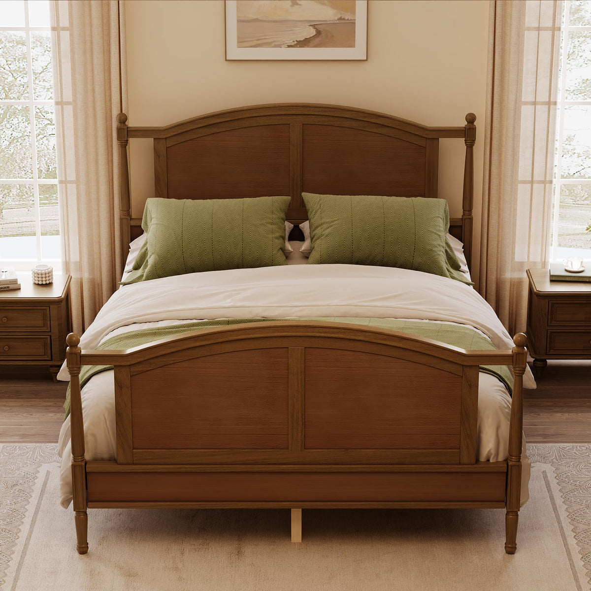 Farmhouse Traditional Platform Bed with Arched Headboard and Footboard, Cottage Panel Wooden Bed Frame
