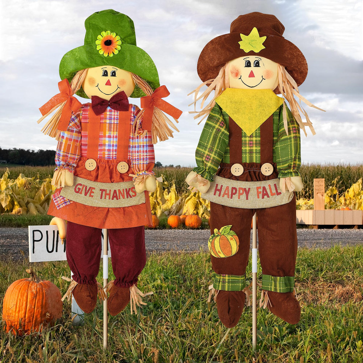 2 Pack Fall Scarecrow Outdoor Decorations, Plaid, Cute, 27''