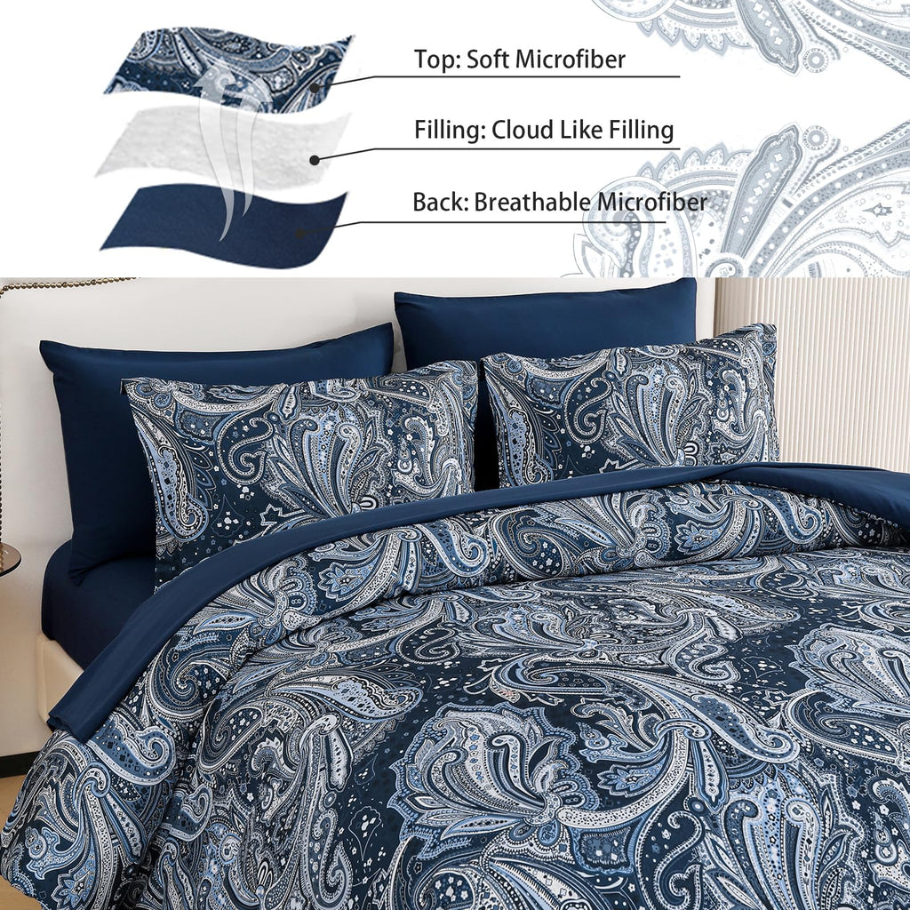 Navy Paisley Comforter Set Queen Size 7 Piece Bed in a Bag