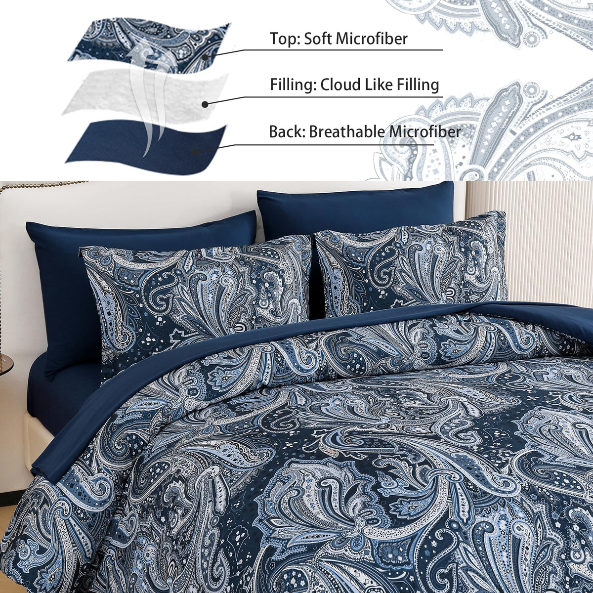 Navy Paisley Comforter Set Queen Size 7 Piece Bed in a Bag