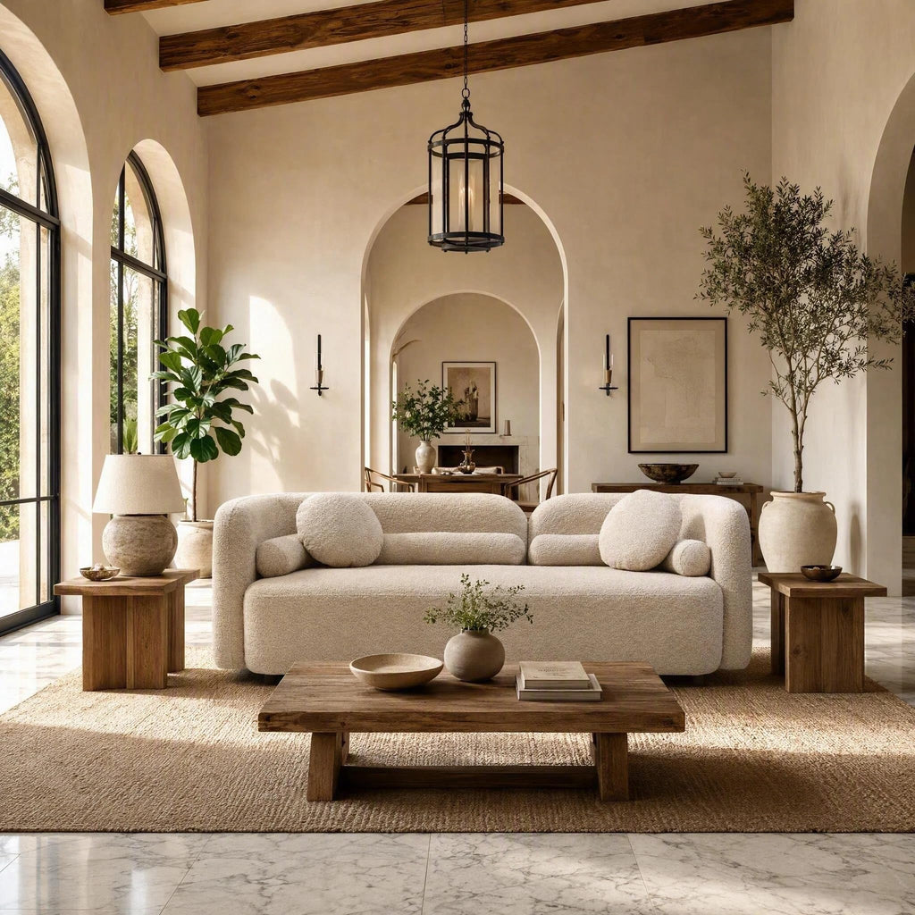 88.58" Curved Sofa Couch, Solid Wood Frame, Pillows, Boucle, 3-Seater Beige