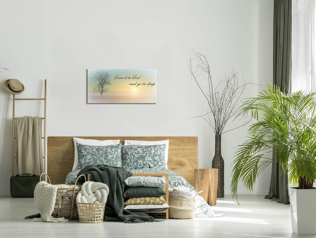 Canvas Wall Art of Misty Sunset & Tree Plant Picture Home Above Bed, White Country Wood Sign, Give It To God & Go to