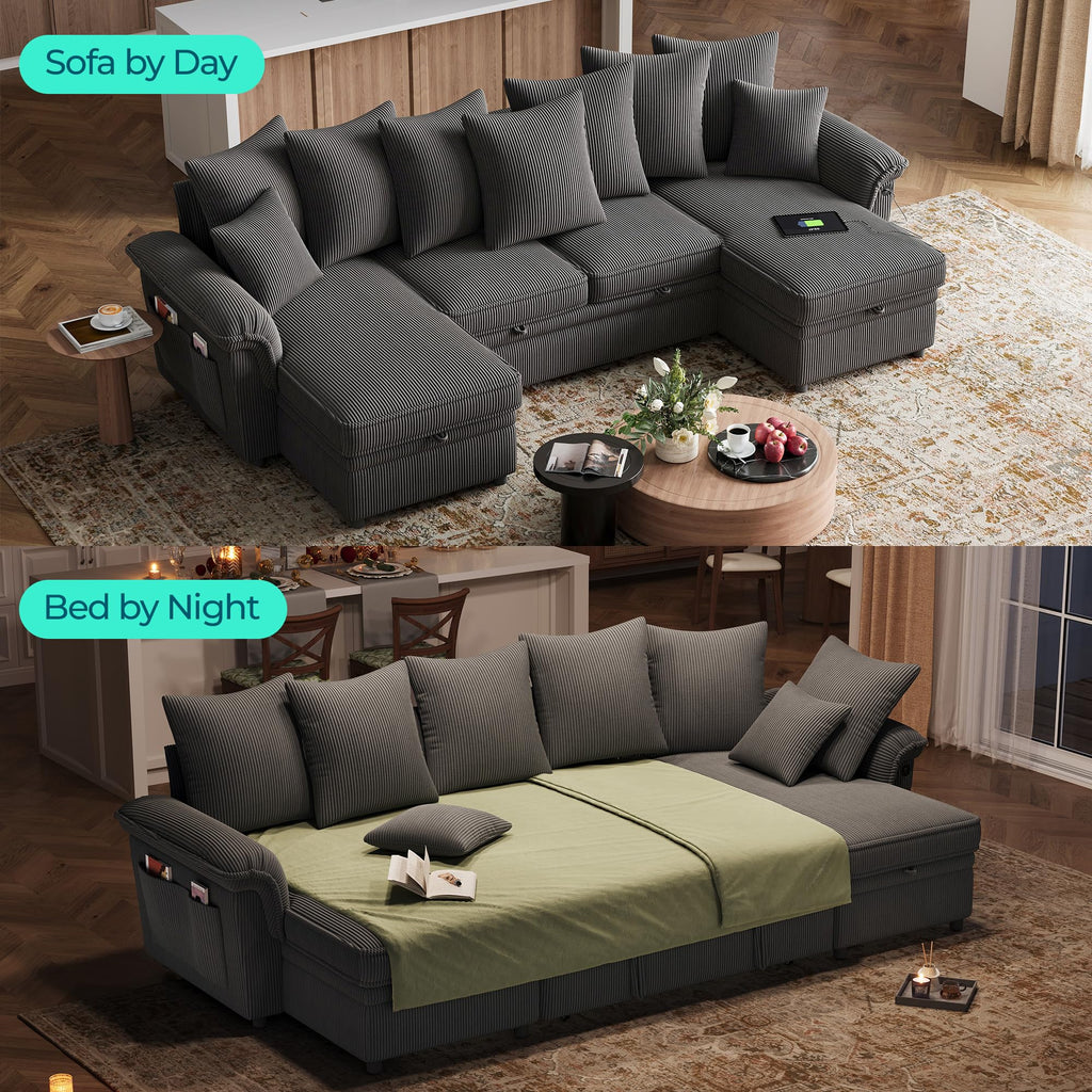 Sectional Couch with Pull Out Bed, Large Corduroy Modular Sleeper Sofa, Storage Chaise, Wide Armrest, 118" 4 Seats