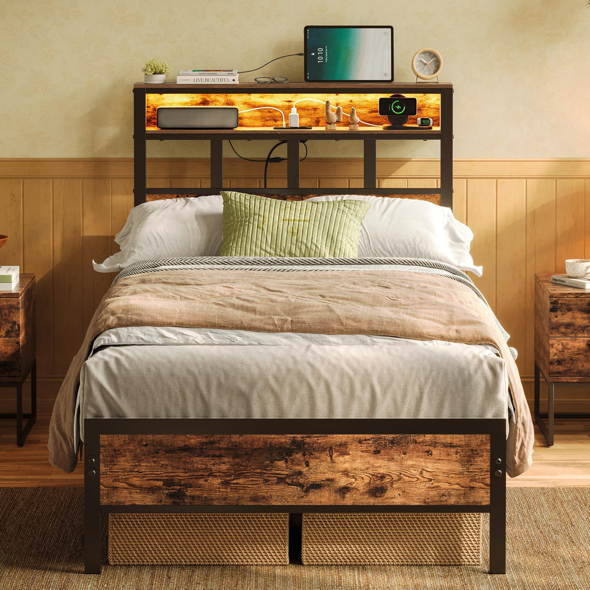 Bed Frame with Headboard and Storage Shelf, Metal Platform Bed Frame with Charging Station, LED Lights