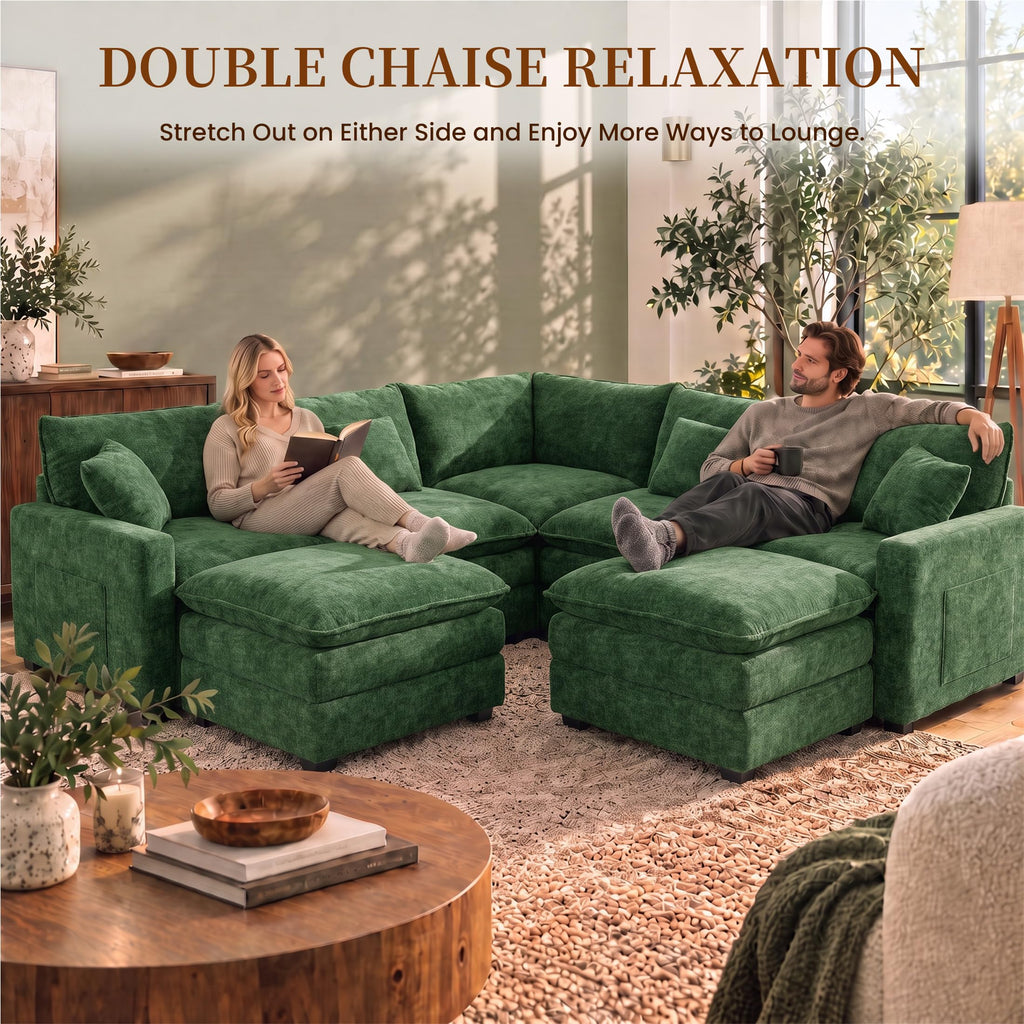 100" Modular Sectional Sofa, L-Shaped Cloud Couch with Ottoman, Green