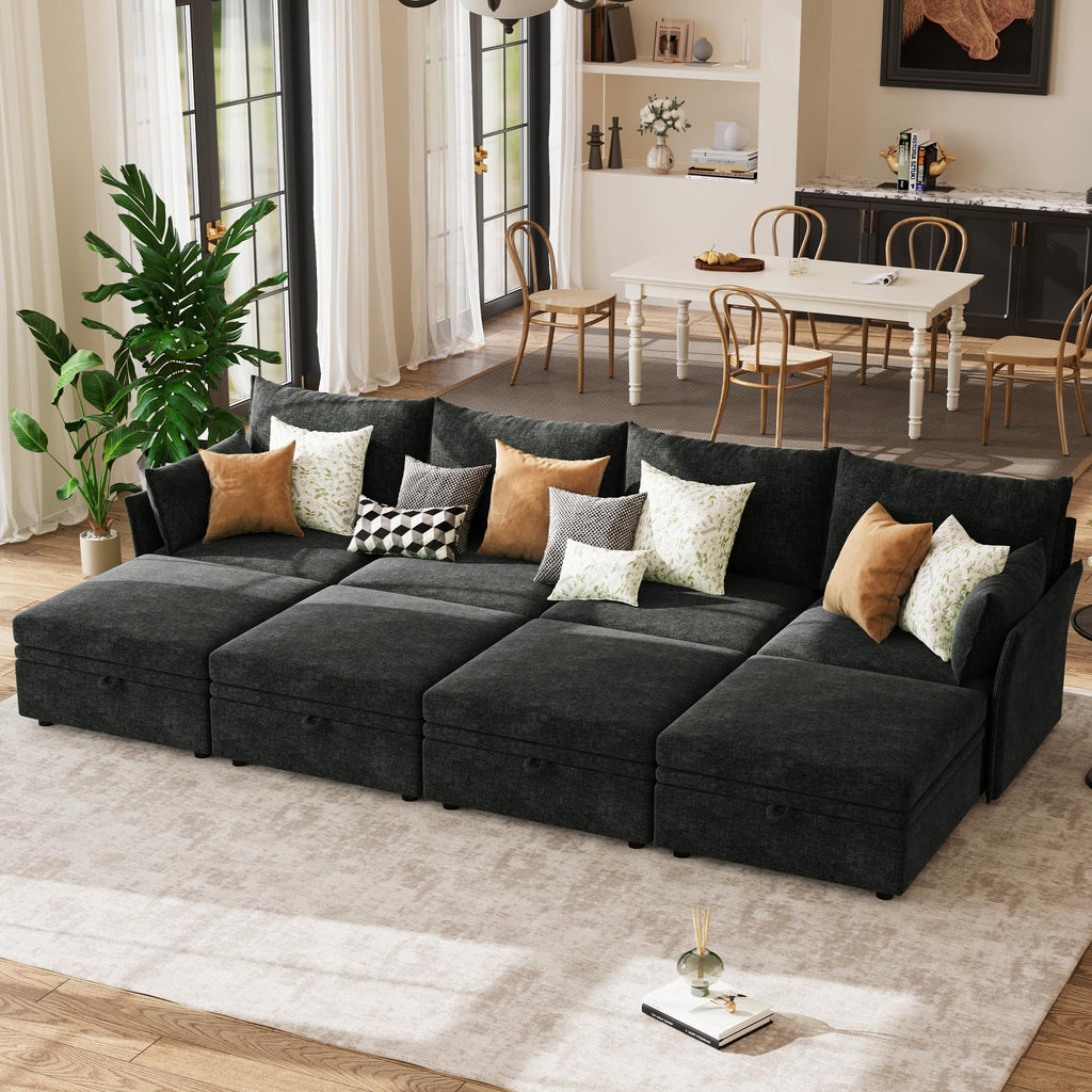 136.4" Modular Sleeper Sofa Bed, U Shaped Sectional Couch with Movable Stroage Ottoman, Large 8 Seat Corner Couches