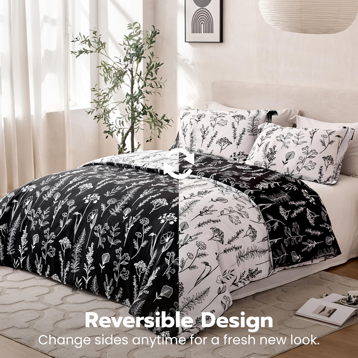 Floral Comforter Set Black Bedding Set - 3 Pieces Bed in a Bag with 1 Soft Reversible