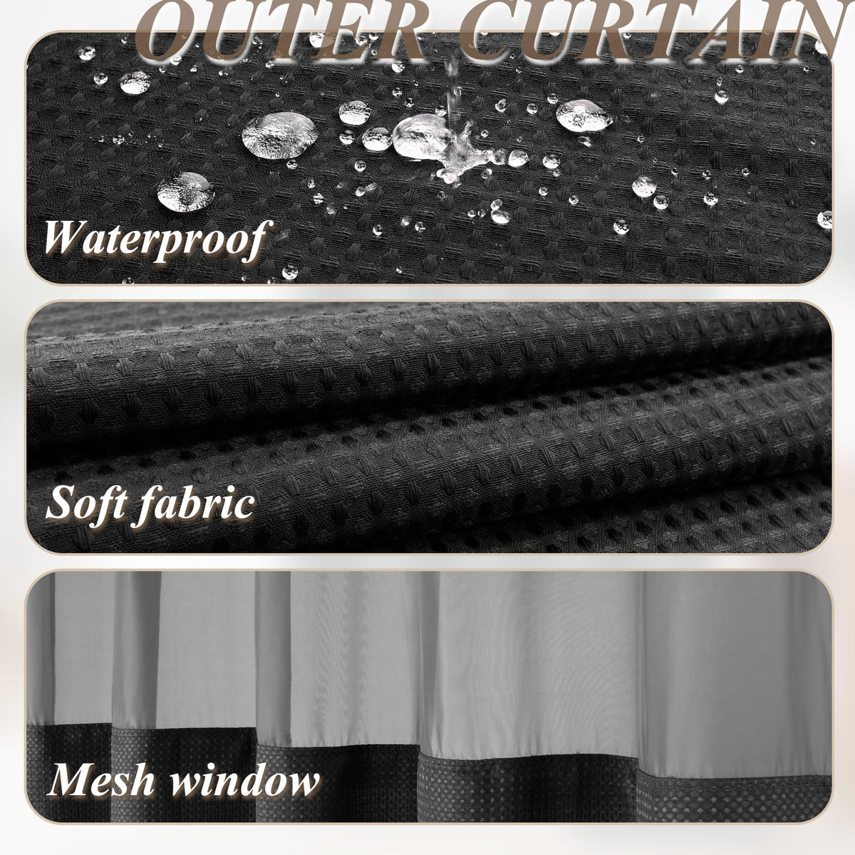 No Hook Waffle Shower Curtain Set with Liner & Rugs Black