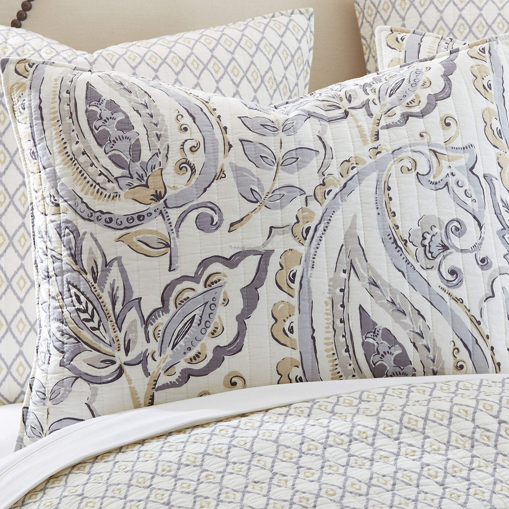 Tamsin Grey Quilt Set - King Quilt + Two King Pillow Shams - Modern Paisley - Grey Taupe Off-White - Quilt Size