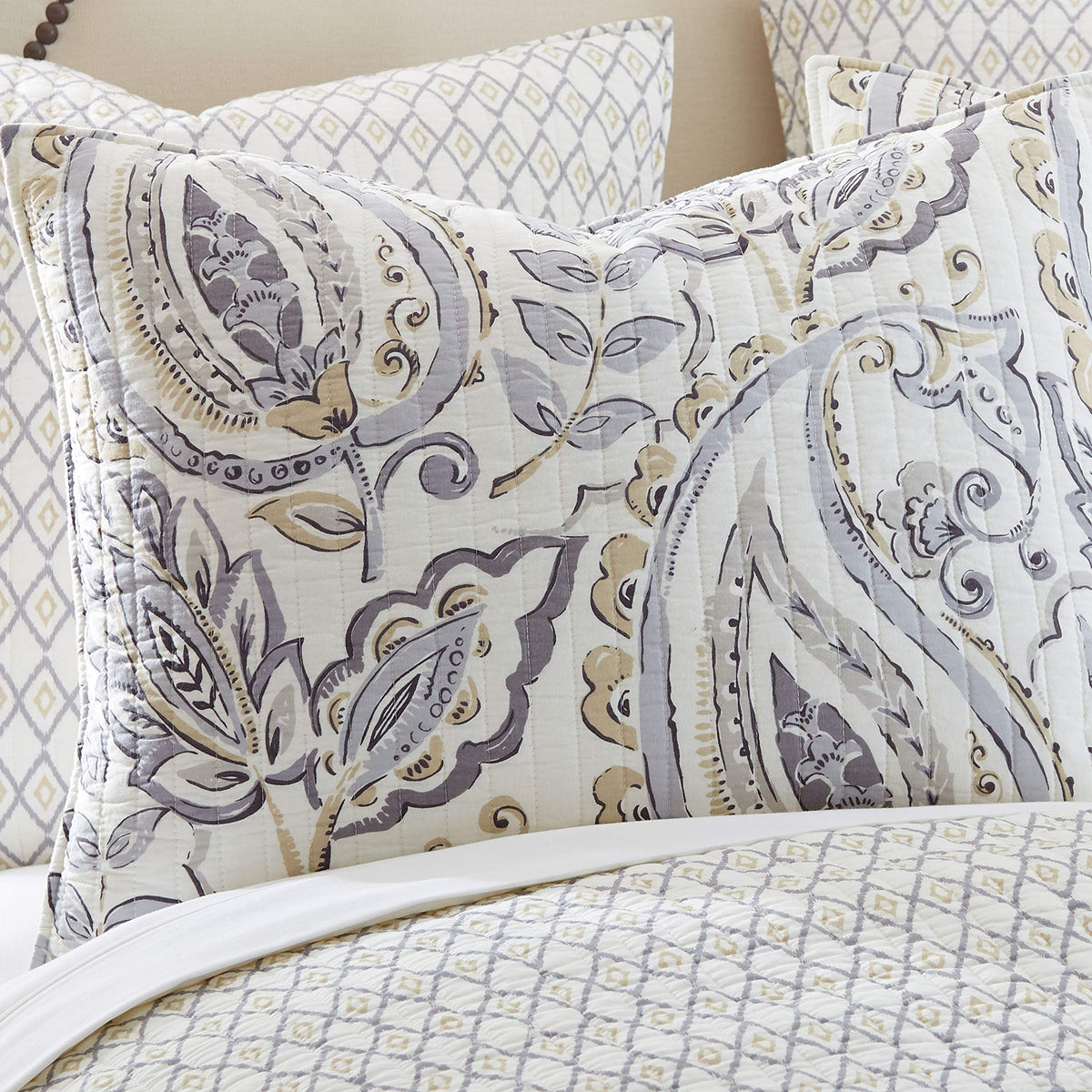 Tamsin Grey Quilt Set - King Quilt + Two King Pillow Shams - Modern Paisley - Grey Taupe Off-White - Quilt Size