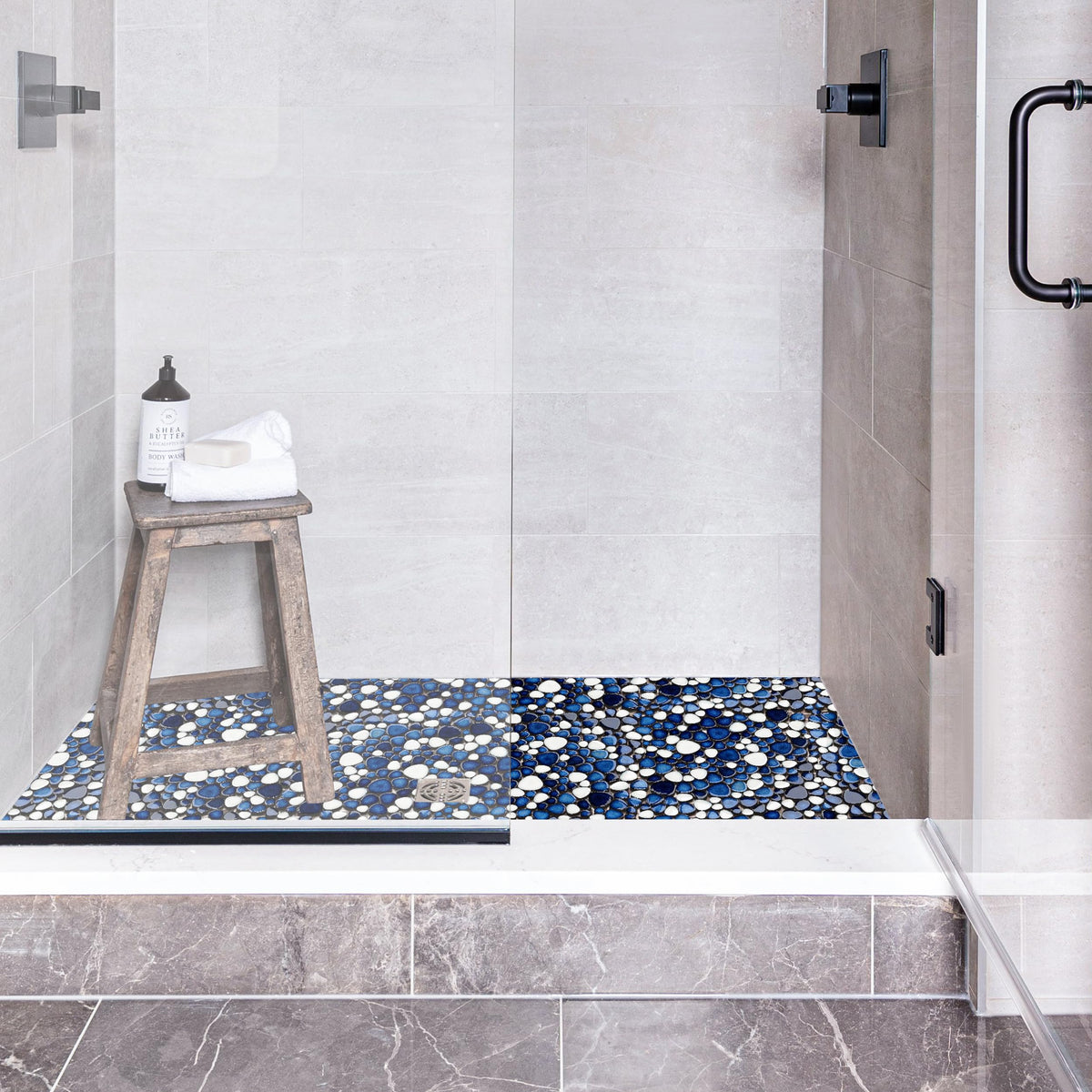 Pebble Ceramic Tiles 5 Sheets, Heart-Shaped 12x12 Floor Tile Ceramic, Dark Blue Mosaic Tiles Mesh Mounted, Waterproof