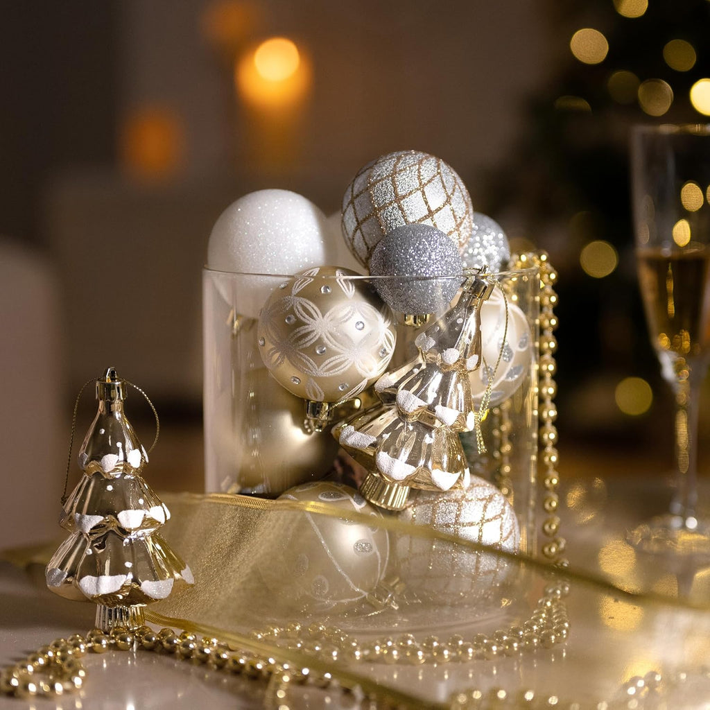 Christmas Ball Ornaments, 100ct White and Gold Shatterproof Christmas Tree Decorations Set, Elegant Hanging Ornaments