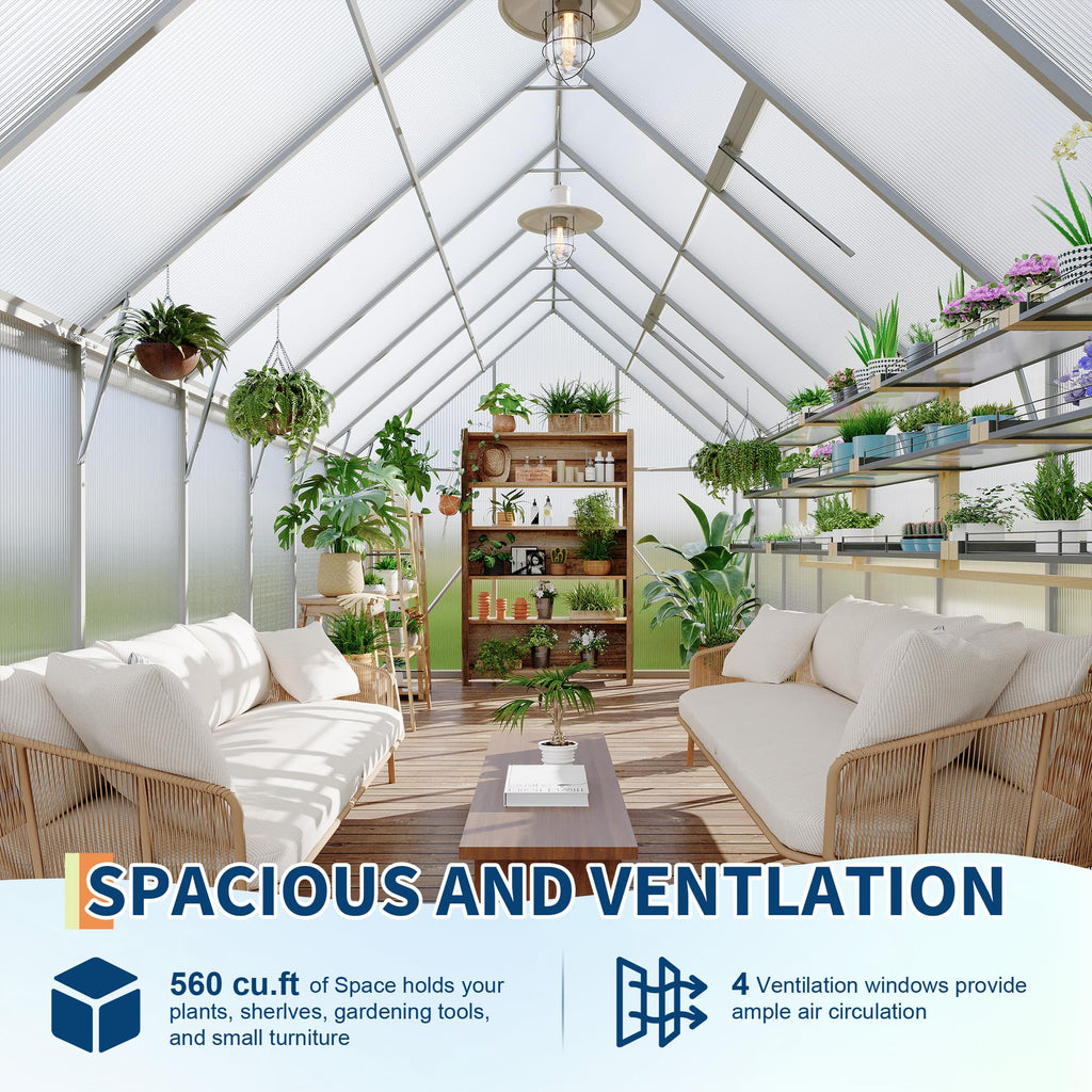 8'X16' Aluminum-Framed Polycarbonate Greenhouse, Heavy Duty Polycarbonate Greenhouse with Quick Setup Structure and
