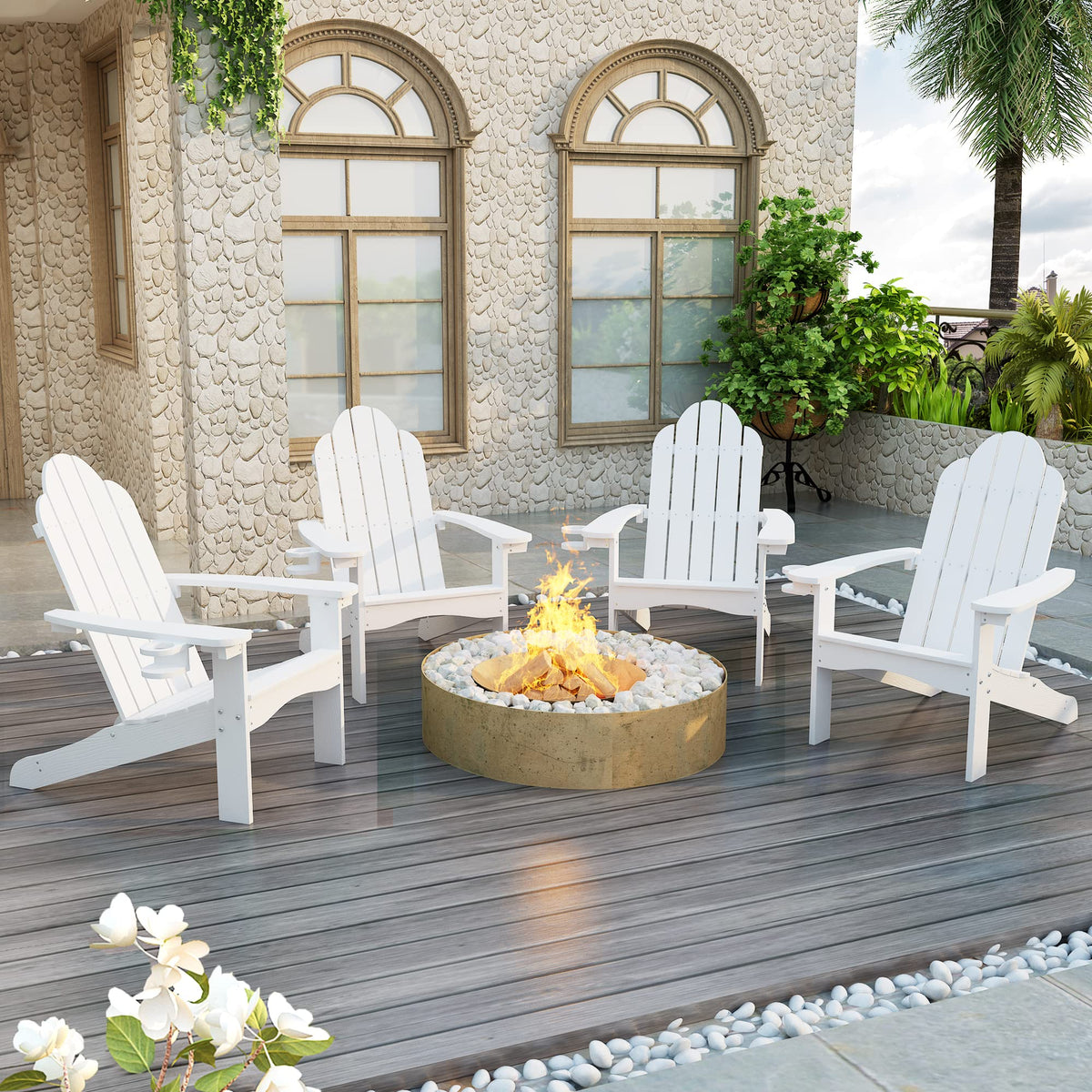 Outdoor Adirondack Chair, Cup Holder, Set of 4, White