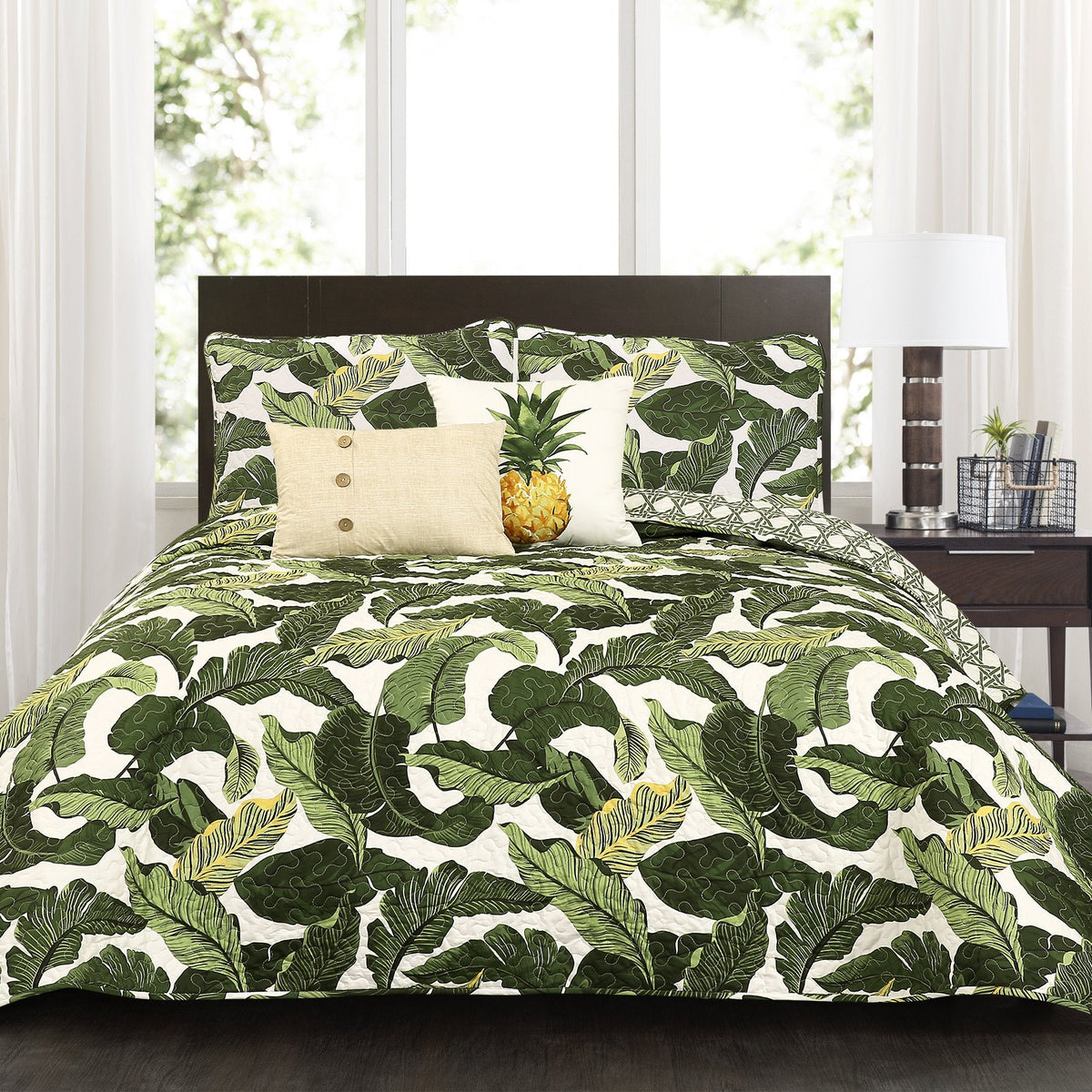 Tropical Paradise Reversible Quilt 5 Piece Set Green - Coastal Bedding Set Quilt - Beach Decor - Green