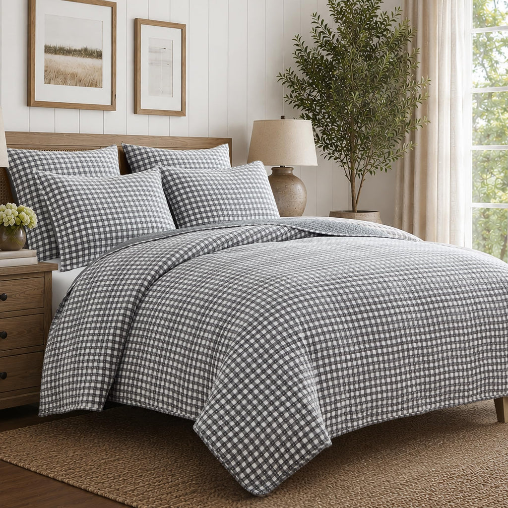 Camden Gingham Stitch Grey Quilt Set - 106x92in. Quilt and Two 20x36in. Shams - Grey and Ivory Gingham