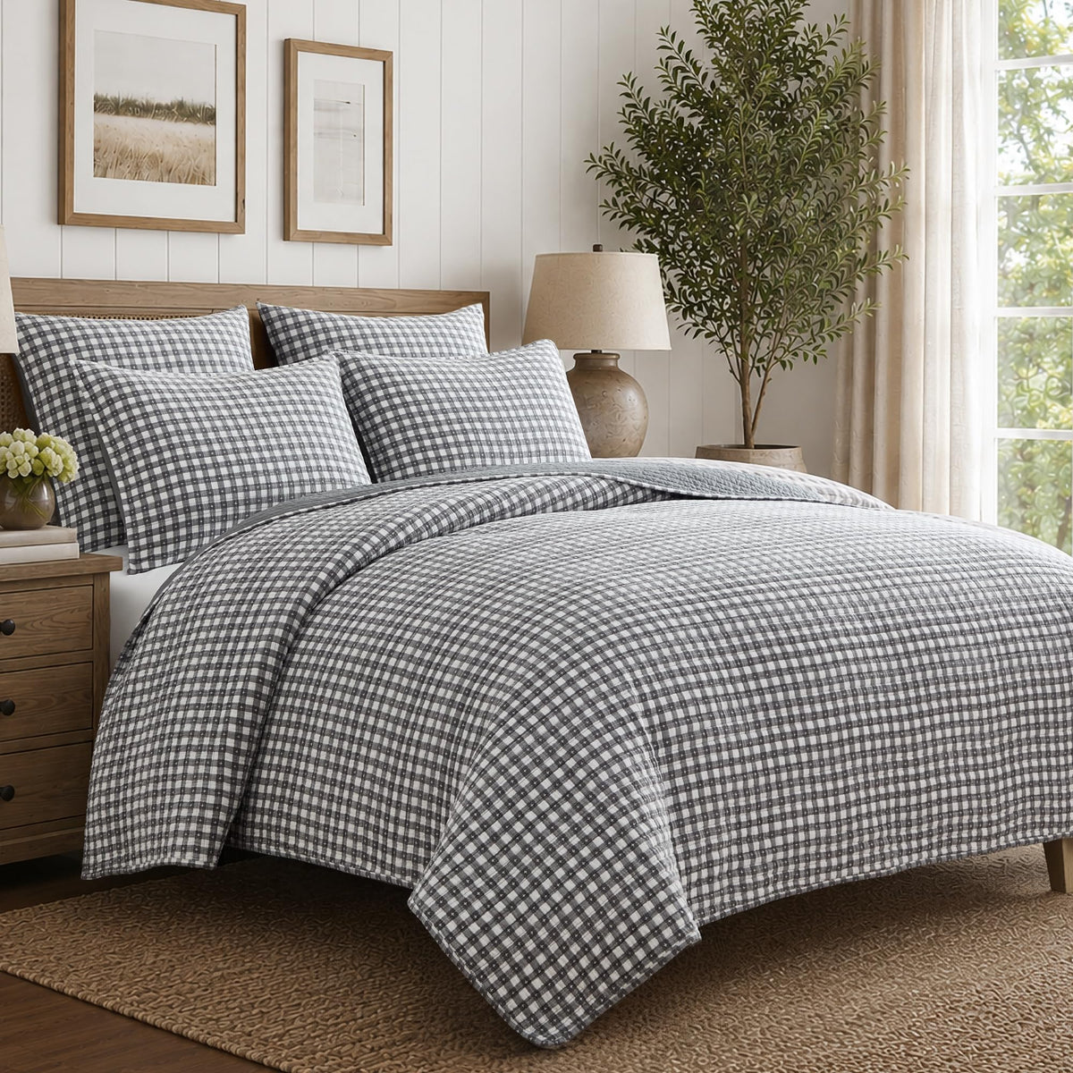 Camden Gingham Stitch Grey Quilt Set - 106x92in. Quilt and Two 20x36in. Shams - Grey and Ivory Gingham