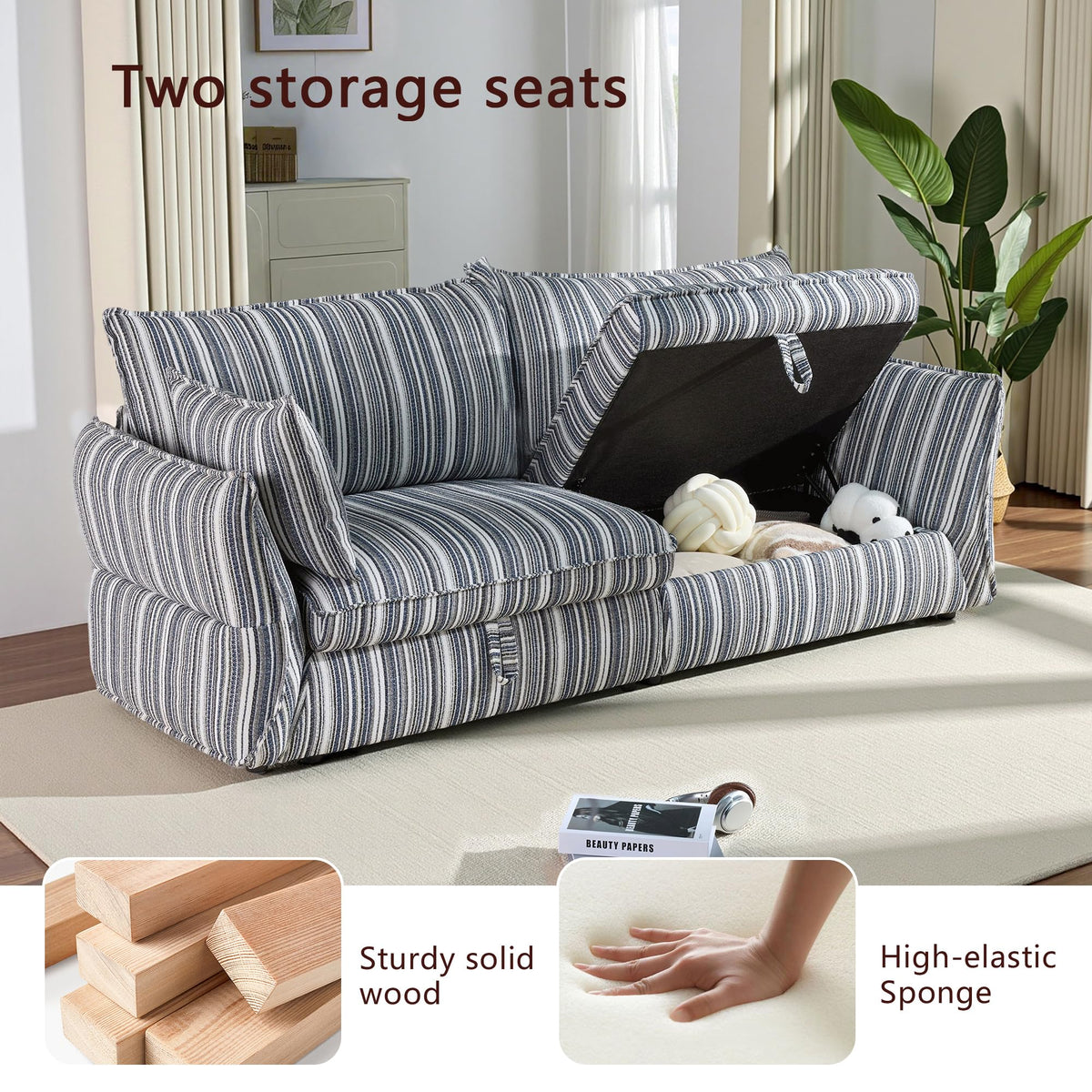86" Modern Farmhouse Couch - 3 Seater Sofa with Striped Fabric Coastal Storage Sofas with Two Arm Pillows and Wood
