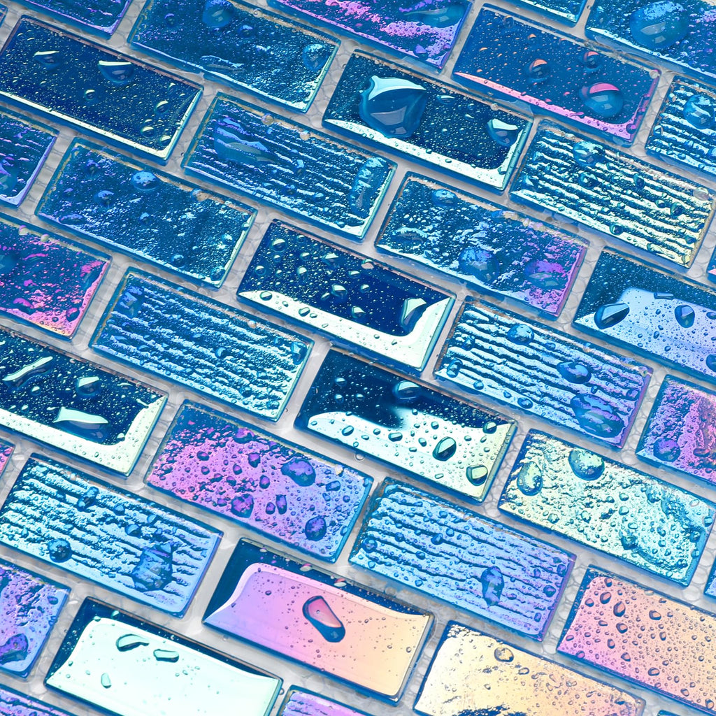 Pool Glass Mosaic Tiles, Iridescent Blue, 1x2 Inch Brick, 5 Sheets