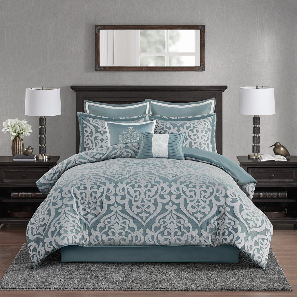 Modern Jacquard Damask Medallion Comforter Set, 8PC King