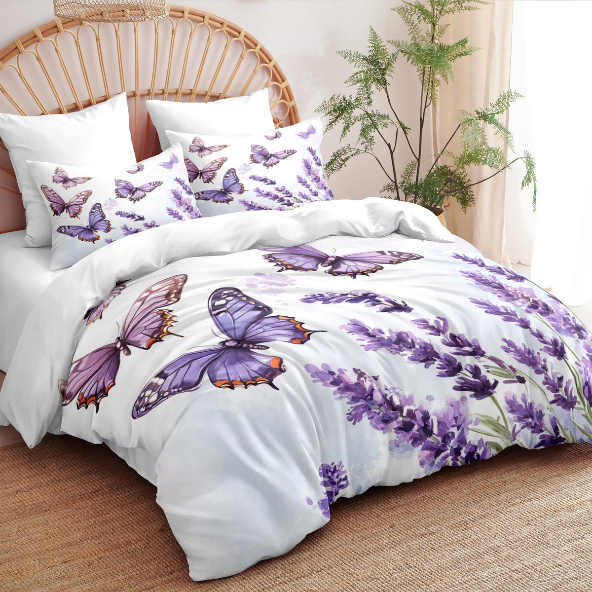 Purple Lavender Queen Comforter Set, Butterfly Bedding Set Soft Victorian Style Flowers Print - 3 Pieces Fluffy