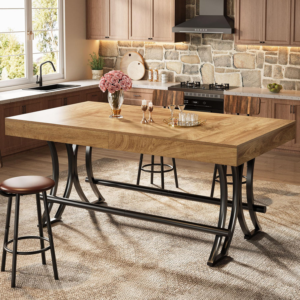 63" Counter Height Bar Table with Metal Footrest, Rectangular Tall Kitchen Dining Pub Table, Industrial Home Bar Unit