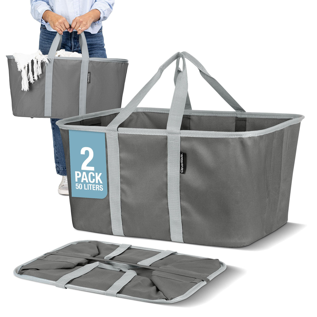 Collapsible Laundry Baskets, 50L Tote 2 Pack, Charcoal