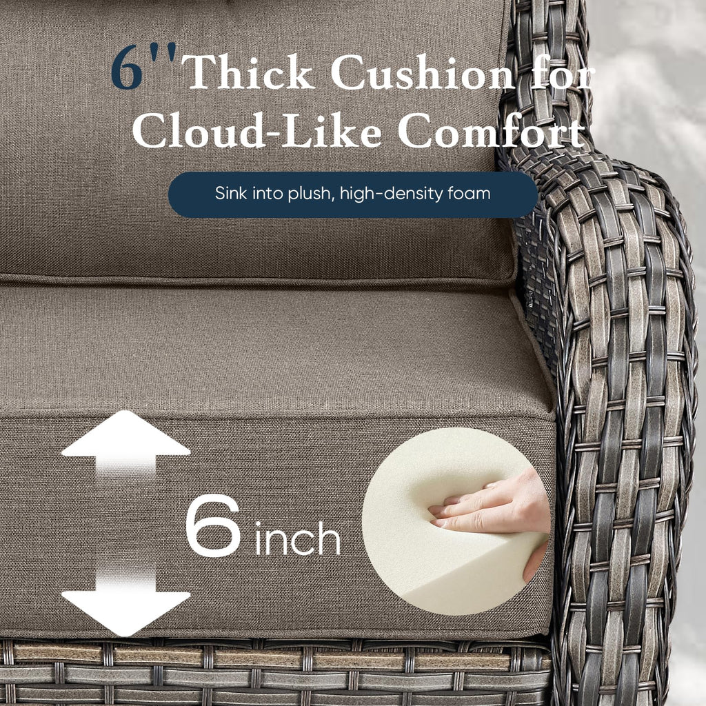 Luxury 6" Thick Cushioned 7 Pieces Patio Furniture Set with Fire Pit Table, Wicker Outdoor Conversation Set with High