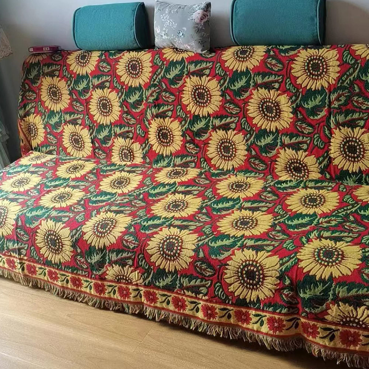 Red Sunflower Throw Blanket with Fringe Boho Throw Blankets Recliner Chair Couch Sofa Cover Woven Reversible Cotton