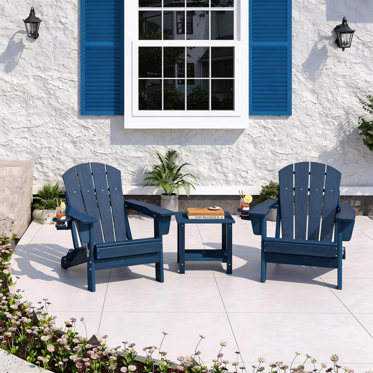 HDPE Folding Adirondack Patio Chair with Cup Holder - Weather-Resistant Plastic, Wood Grain Texture, Outdoor Lounge