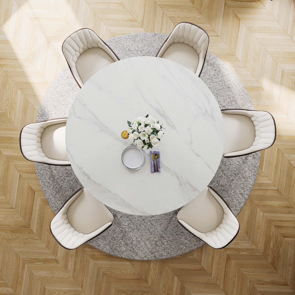 Inspired Saarinen Style 59" Modern Round Dining Table, Marble Round Dining Room Table for 6, Matte White Sintered Stone Tabletop with Black