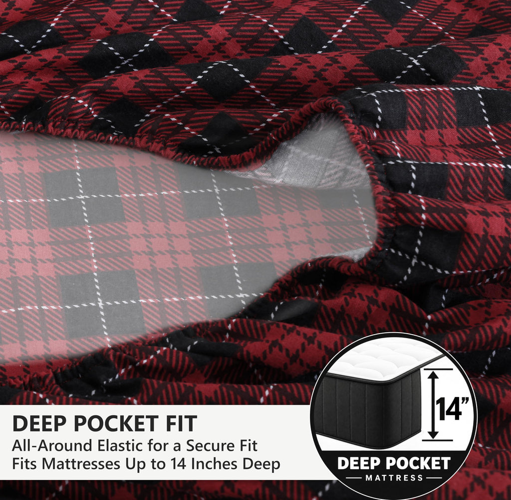 100% Cotton Flannel Sheets, 4 PCs, Red Buffalo Check