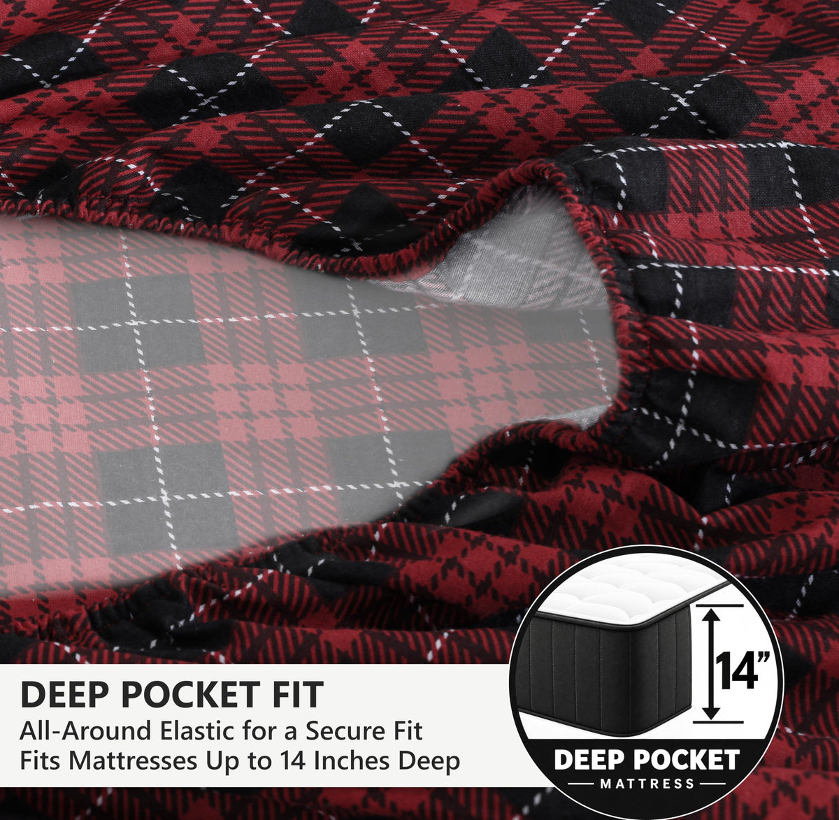 100% Cotton Flannel Sheets, 4 PCs, Red Buffalo Check