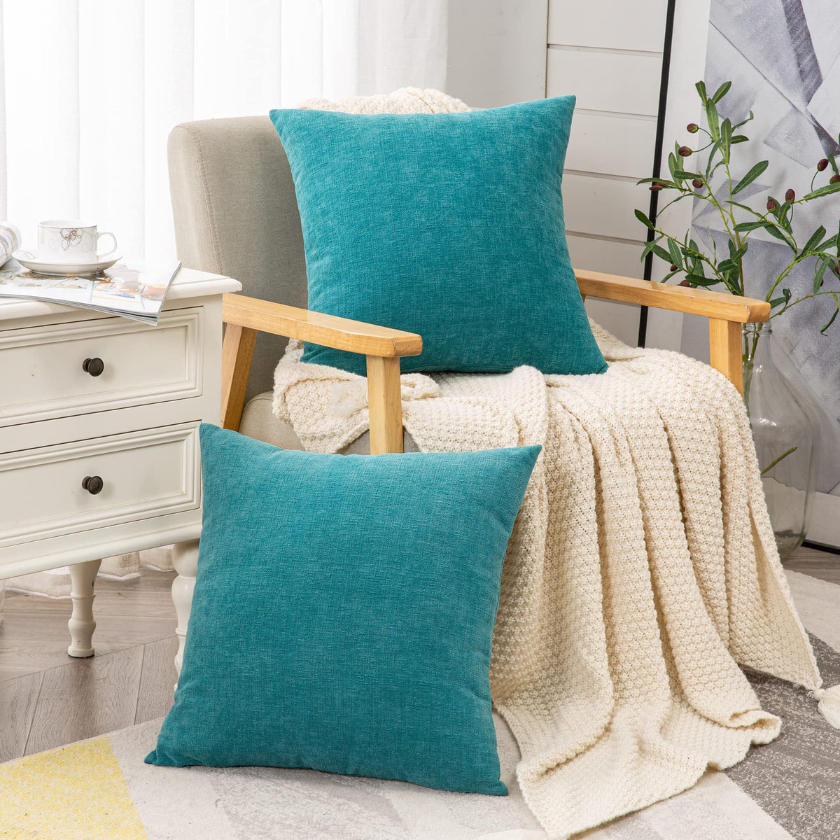 Decorative Square Throw Pillow Covers 22"x22" Inch Set of 2, Super Soft Chenille Pillows Farmhouse Fall Pillowcase