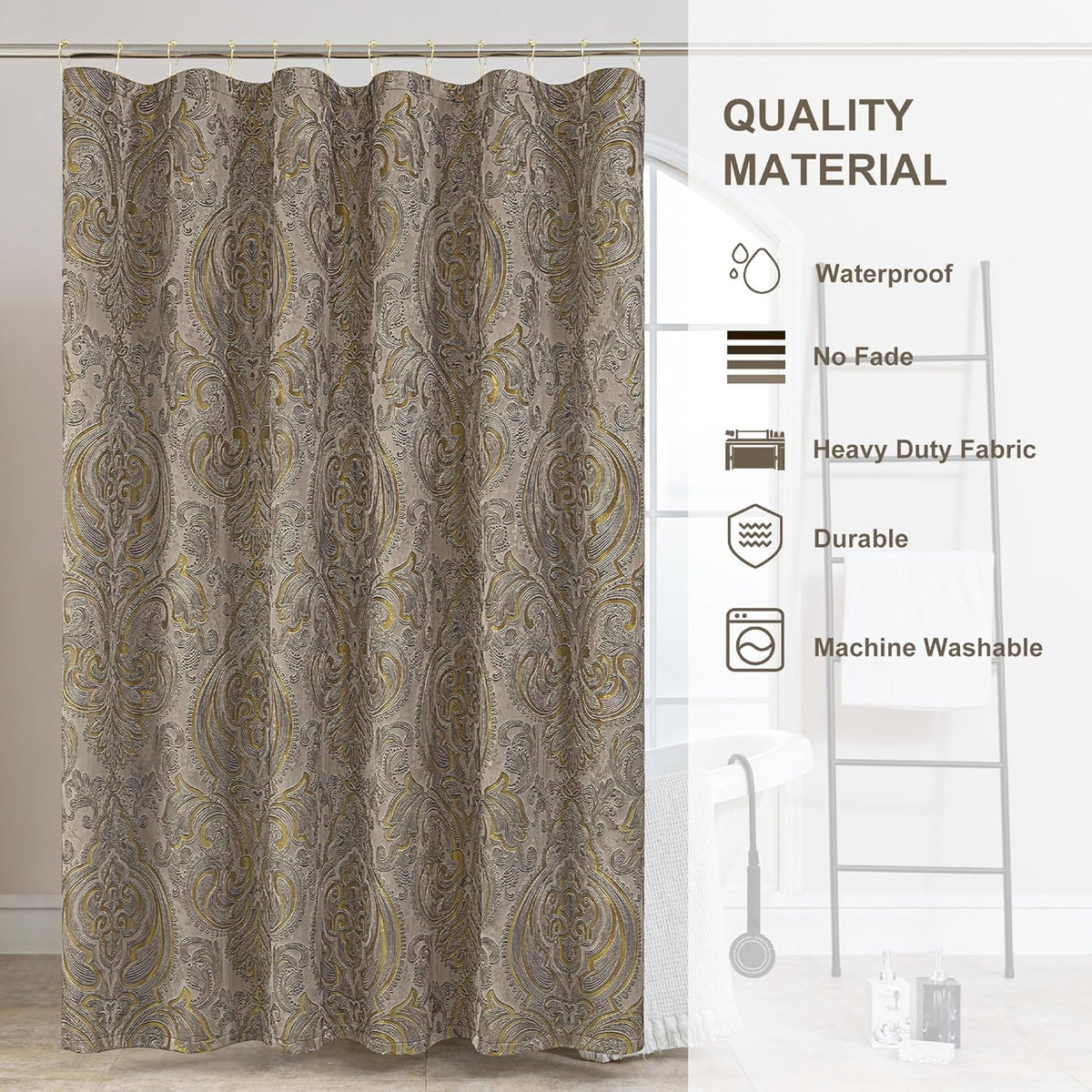 Textured Fabric Shower Curtain Set Damask Design, Taupe+Gold | Include 12 Metal Hooks, Royal Jacquard Bathroom Shower