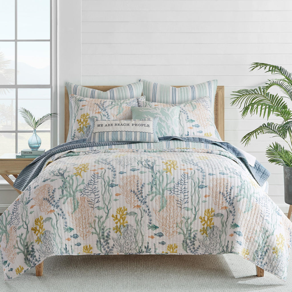 Ocean Meadow Quilt Set - Quilt and One Standard Sham - Coastal - Teal, Blue, Coral, White and Ochre - Quilt