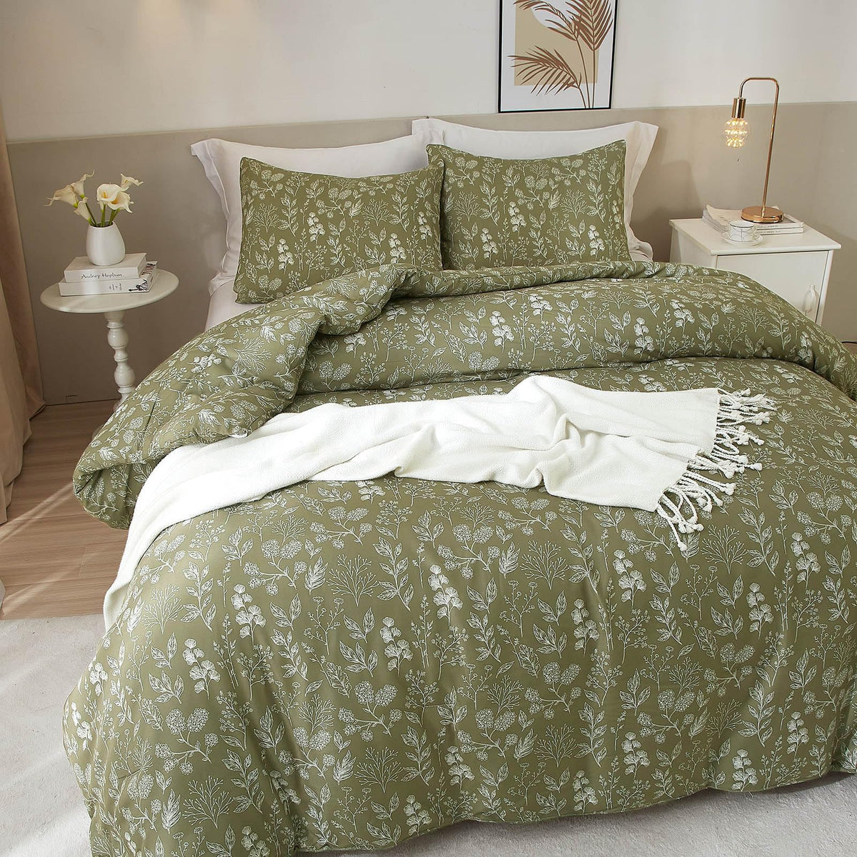Fresh Garden Green Floral Duvet Cover King Soft Cotton Chic Shabby Small Cute Floral Botanical Bedding Set with 2